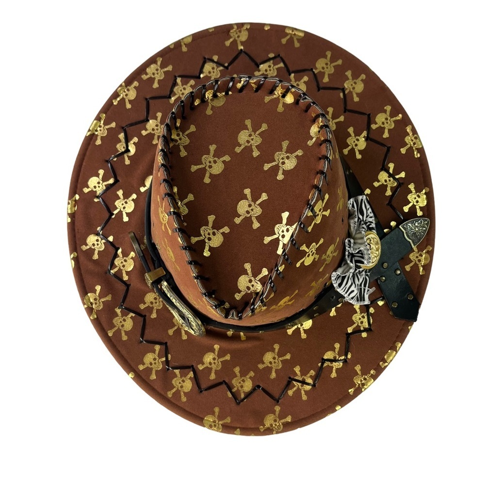 Brown‎ Felt Skull and Bone Western Cowboy Hat - Picture 5 of 12